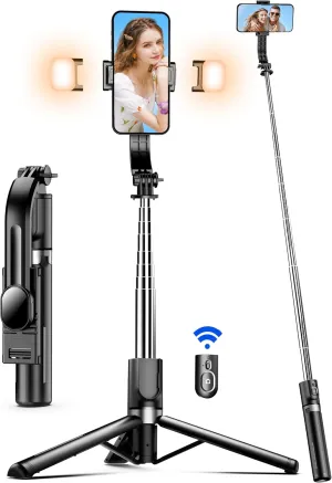 45" Selfie Stick Tripod with 2 Lights, Extendable 5 in 1 Selfie Stick Phone Tripod, Portable Selfie Sticks with Wireless Remote Compatible with iPhone 15/14/13 Pro Max, Samsung, Android, Gopro