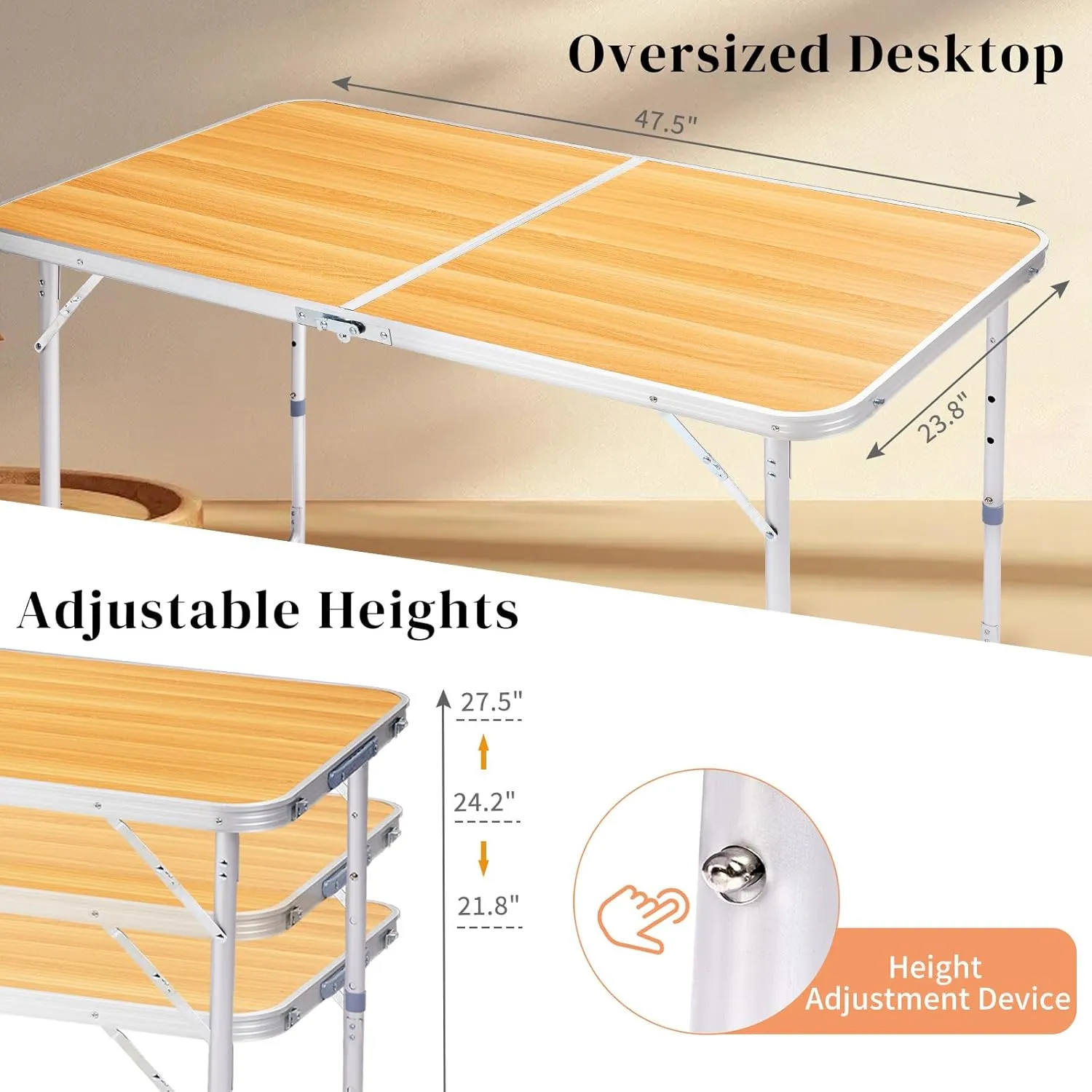 4ft Folding Camping Table, Multipurpose Rectangular Picnic Tables, Portable Outdoor Lightweight Foldable Table with Carry Handle and Adjustable Legs for Tailgating Events Patio Party Dining