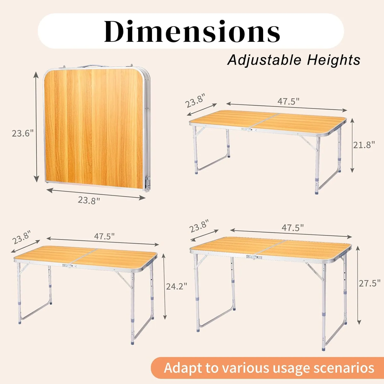 4ft Folding Camping Table, Multipurpose Rectangular Picnic Tables, Portable Outdoor Lightweight Foldable Table with Carry Handle and Adjustable Legs for Tailgating Events Patio Party Dining
