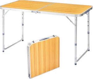 4ft Folding Camping Table with Adjustable Height – Portable Aluminum Wood Grain Picnic Table for Outdoor BBQ, Dining, Party, Travel – Lightweight & Compact Foldable Table