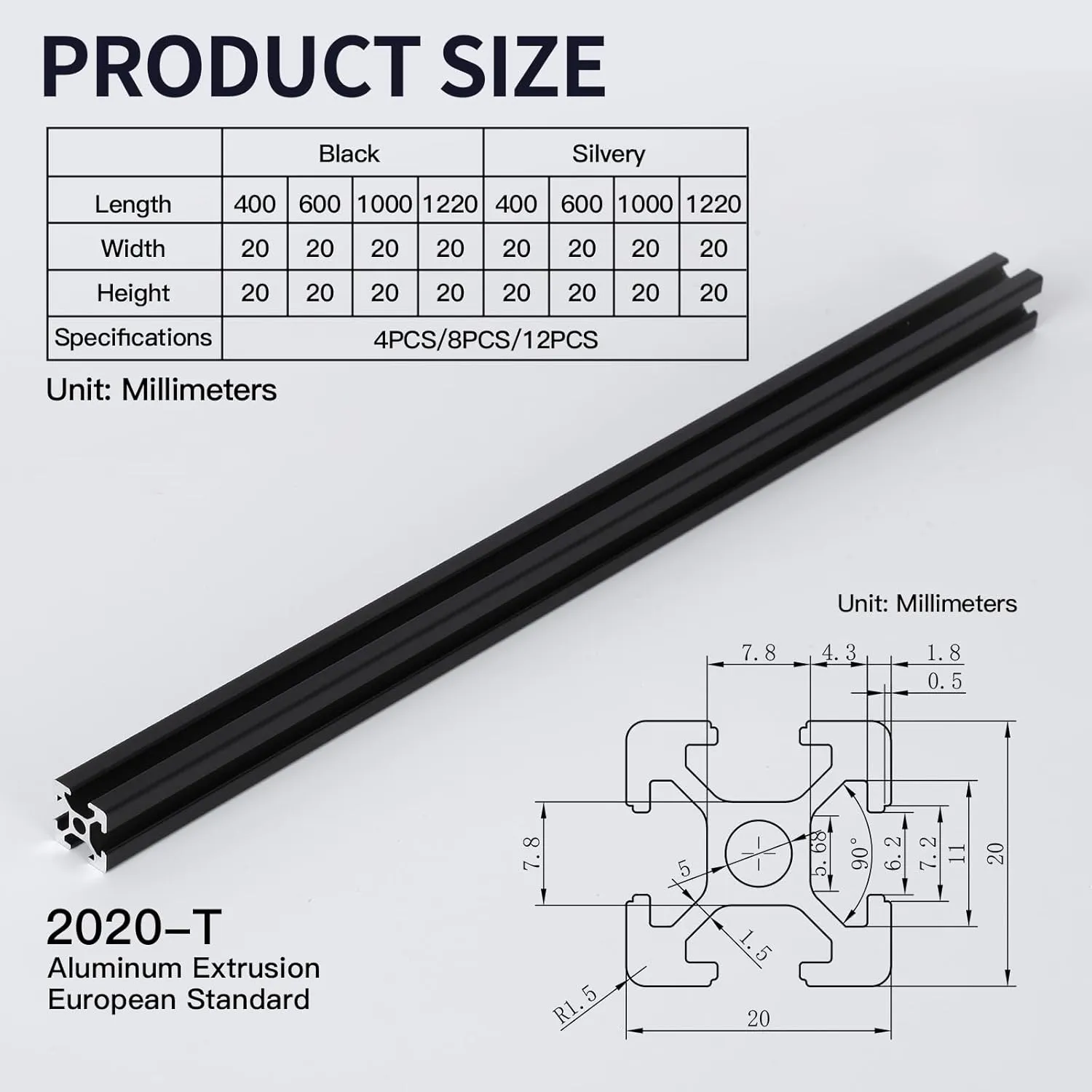 4pcs 600mm T Slot 2020 Aluminum Extrusion European Standard Anodized Linear Rail for 3D Printer Parts and CNC DIY Black