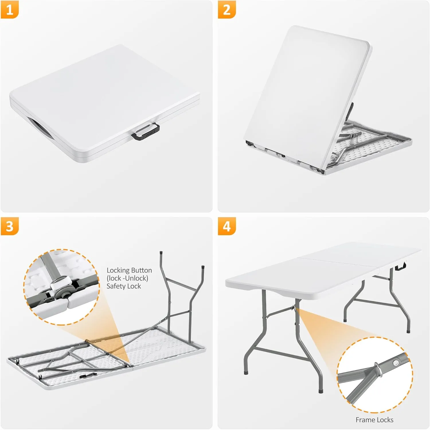 5 Foot Folding Table with Carrying Handle - Portable Plastic Fold in Half Table with Safety Locks, Heavy Duty Plastic Foldable Table for Party, Picnic, Camping, Dining (White-A, 5FT)