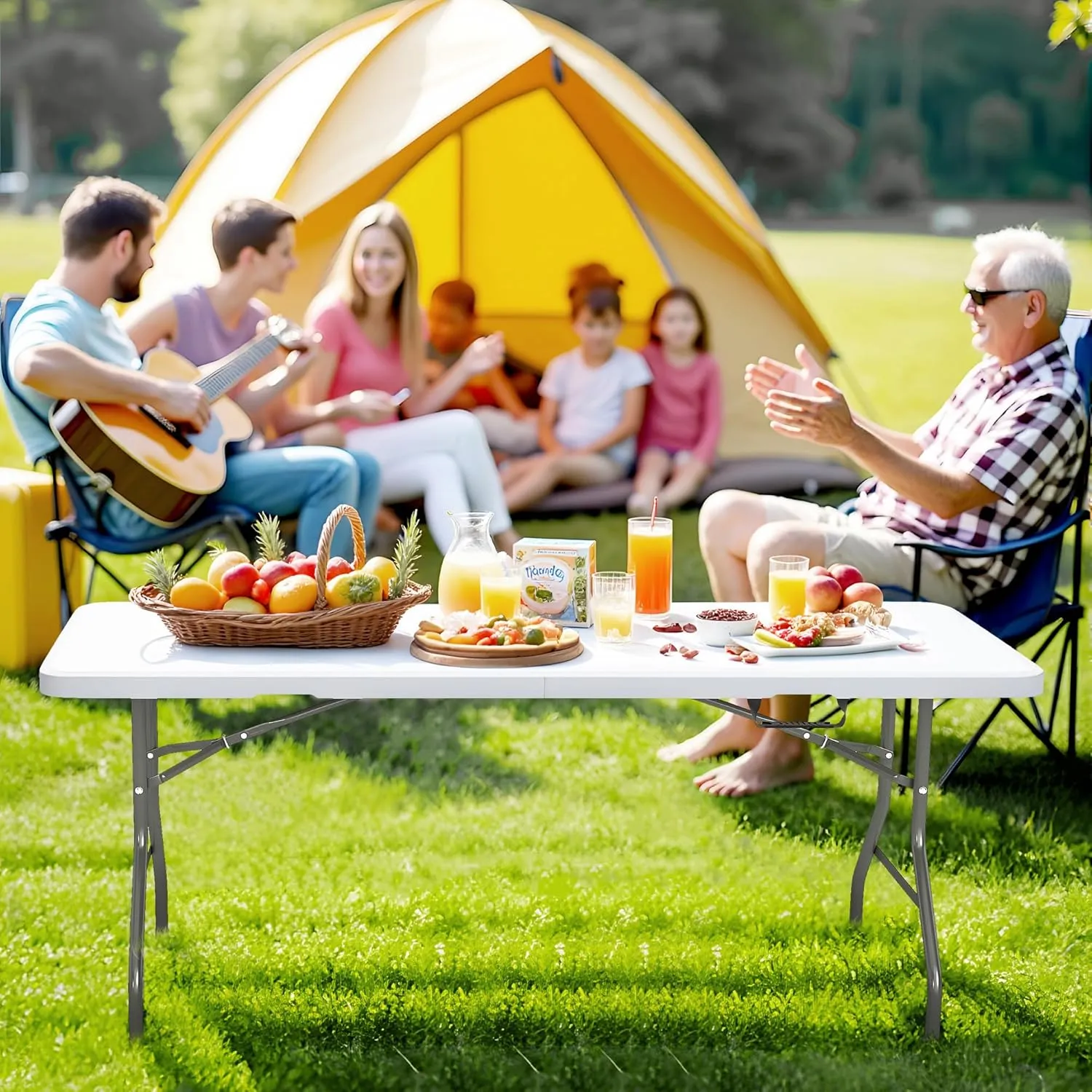 5 Foot Folding Table with Carrying Handle - Portable Plastic Fold in Half Table with Safety Locks, Heavy Duty Plastic Foldable Table for Party, Picnic, Camping, Dining (White-A, 5FT)
