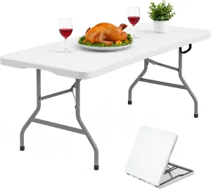 5 Foot Folding Table with Carrying Handle - Portable Plastic Fold in Half Table with Safety Locks, Heavy Duty Plastic Foldable Table for Party, Picnic, Camping, Dining (White-A, 5FT)