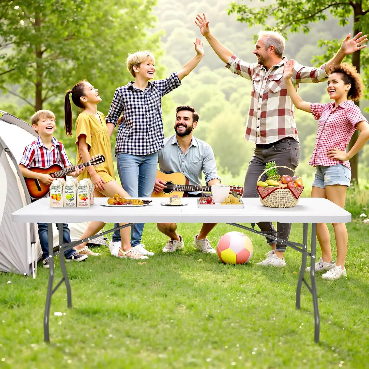 5 Foot Folding Table with Carrying Handle - Portable Plastic Fold in Half Table with Safety Locks, Heavy Duty Plastic Foldable Table for Party, Picnic, Camping, Dining (White-A, 5FT)