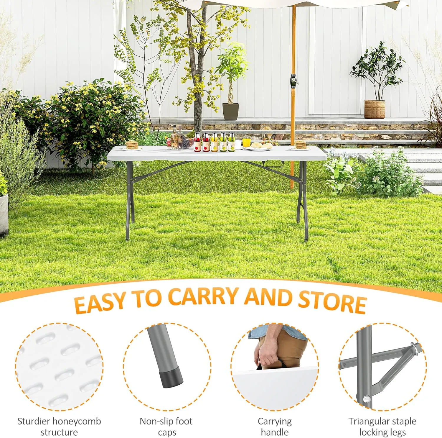 5 Foot Folding Table with Carrying Handle - Portable Plastic Fold in Half Table with Safety Locks, Heavy Duty Plastic Foldable Table for Party, Picnic, Camping, Dining (White-A, 5FT)