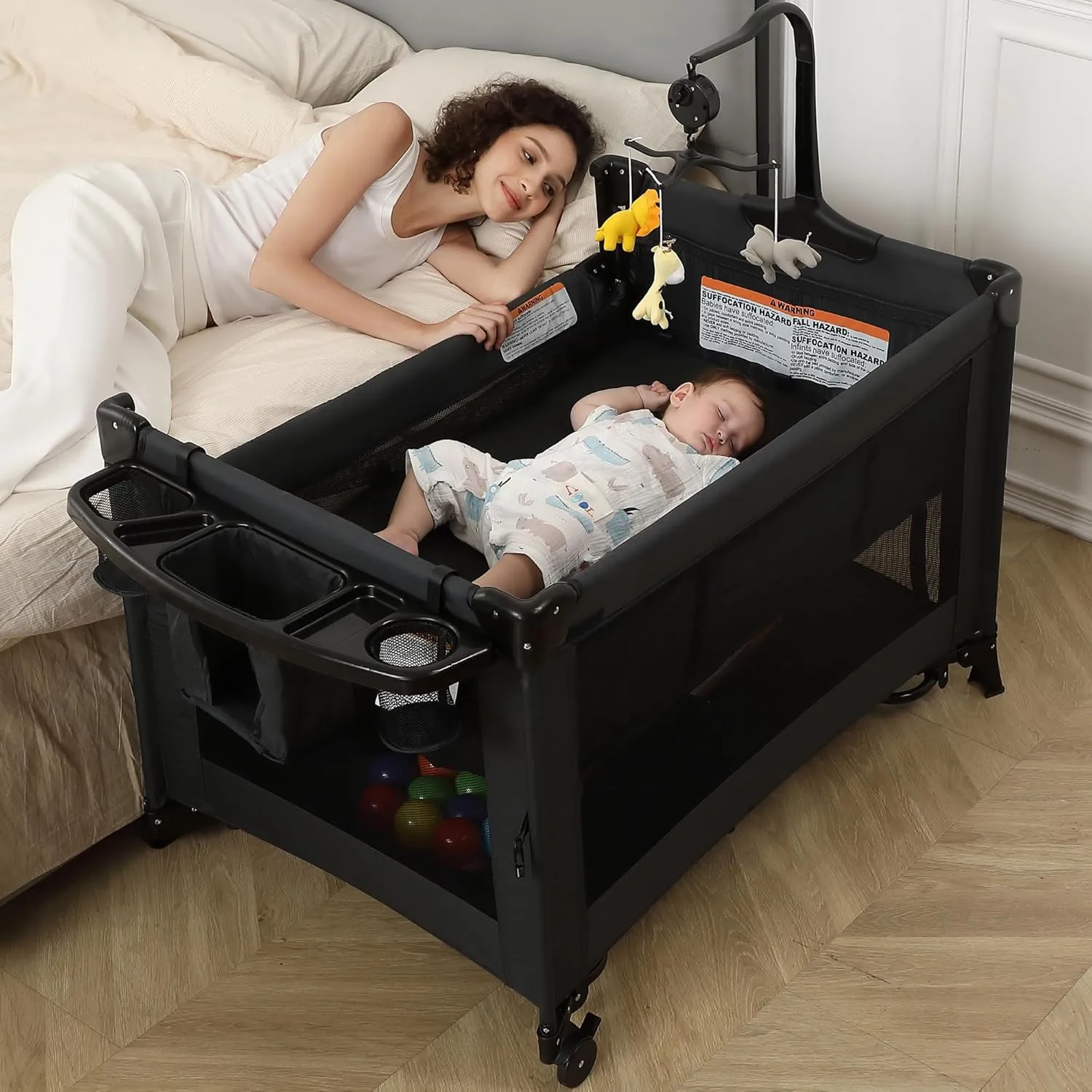 5 in 1 Pack and Play, Baby Bassinet Bedside Sleeper, Baby Playard, Bedside Crib with Changing Table, Foldable Travel Playard for Newborn to Toddles (Black)