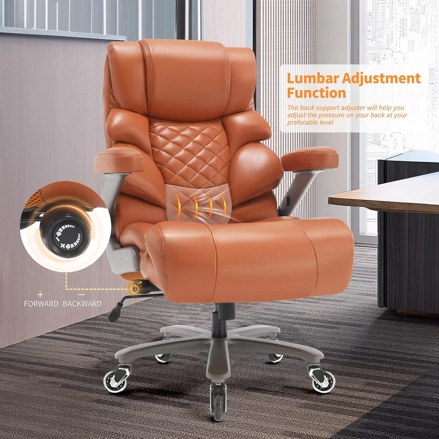 500lbs Big and Tall Office Chair-Large Computer Chair with Adjustable Lumbar Support 3D Flip Arms Plus Size Wheels, High Back Executive Desk Chair, Heavy Duty Metal Base, Thick Padded Wide Seat