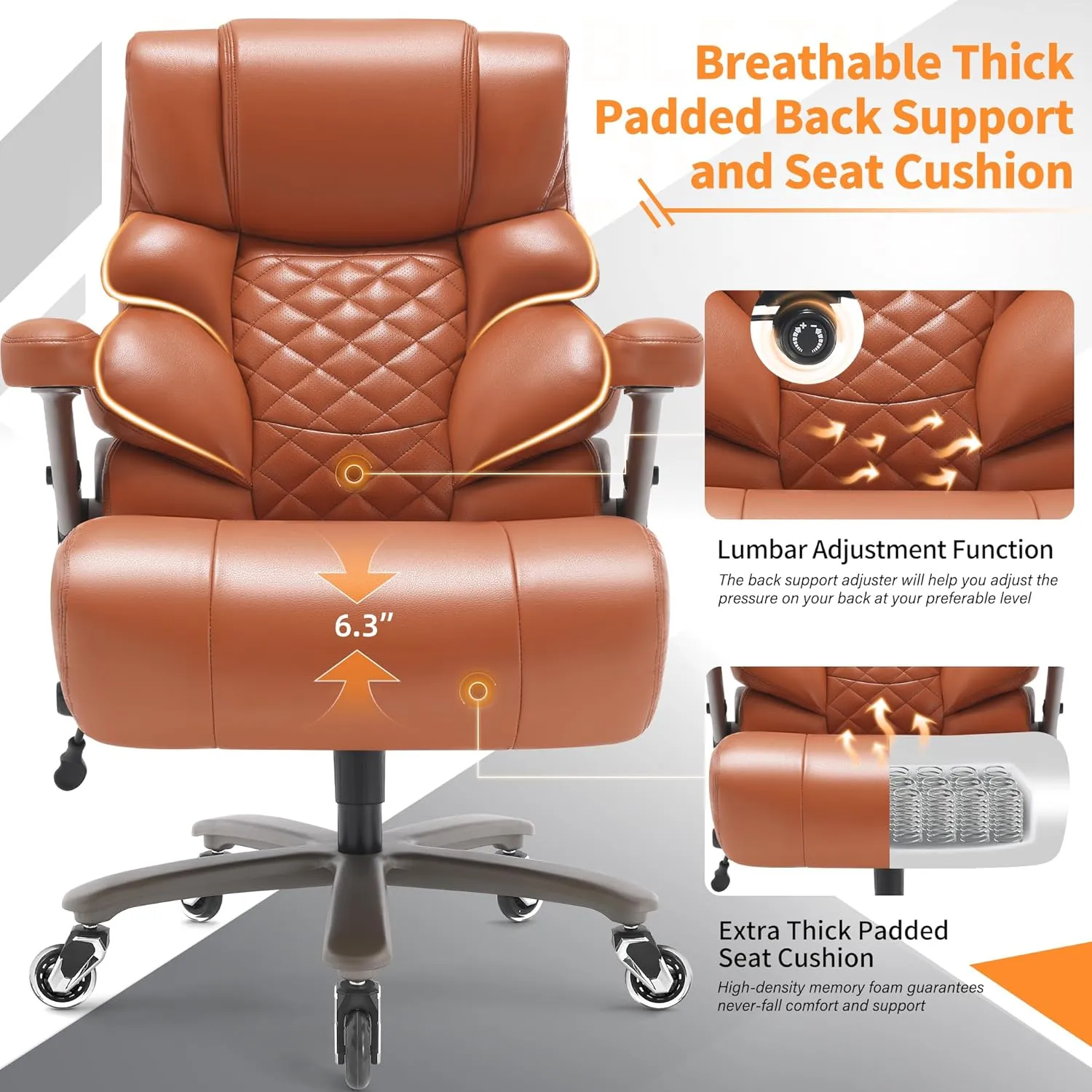500lbs Big and Tall Office Chair-Large Computer Chair with Adjustable Lumbar Support 3D Flip Arms Plus Size Wheels, High Back Executive Desk Chair, Heavy Duty Metal Base, Thick Padded Wide Seat
