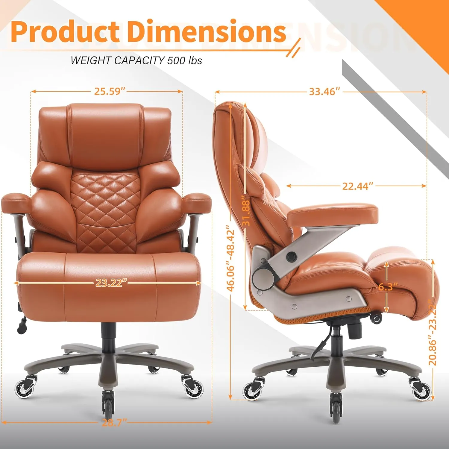 500lbs Big and Tall Office Chair-Large Computer Chair with Adjustable Lumbar Support 3D Flip Arms Plus Size Wheels, High Back Executive Desk Chair, Heavy Duty Metal Base, Thick Padded Wide Seat
