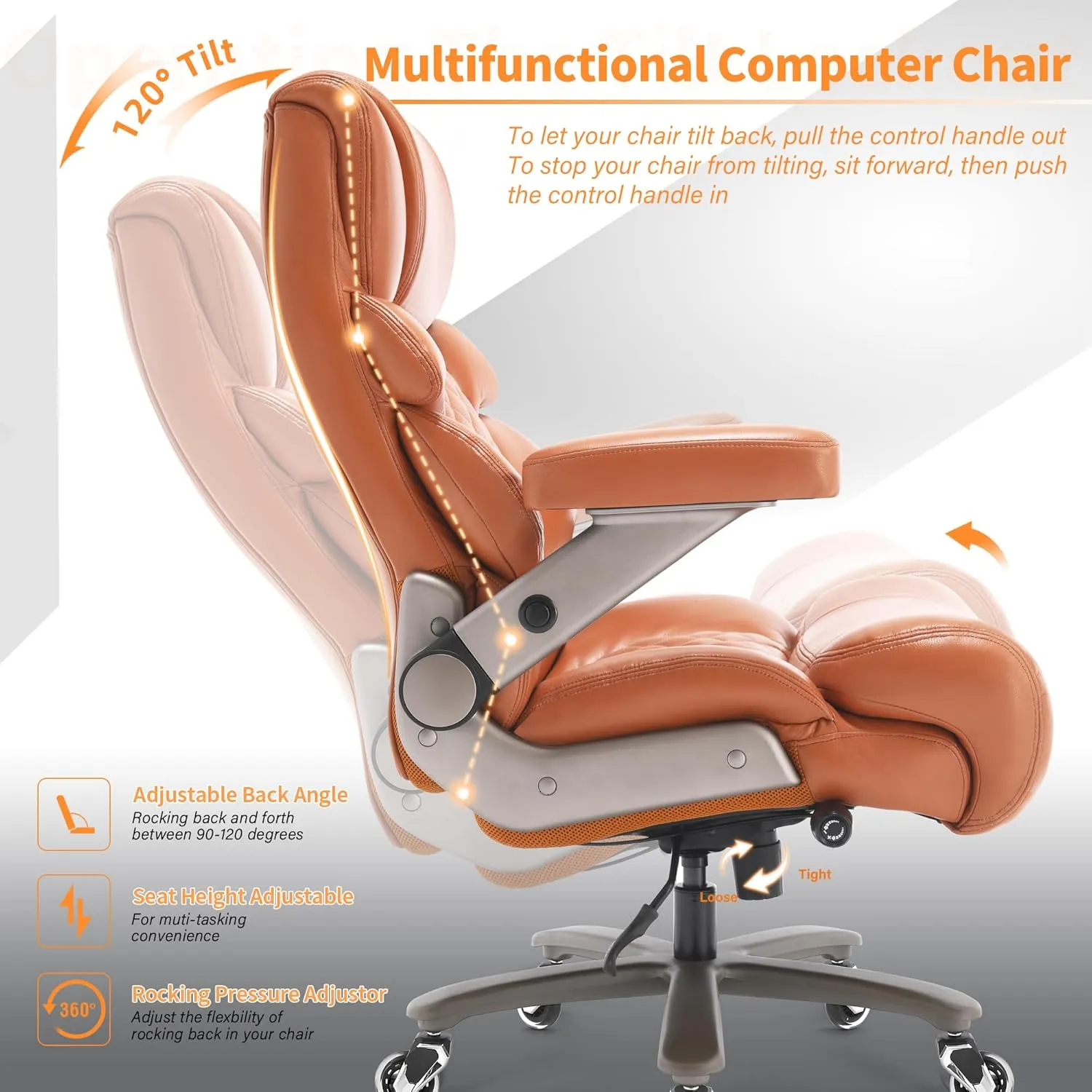 500lbs Big and Tall Office Chair-Large Computer Chair with Adjustable Lumbar Support 3D Flip Arms Plus Size Wheels, High Back Executive Desk Chair, Heavy Duty Metal Base, Thick Padded Wide Seat