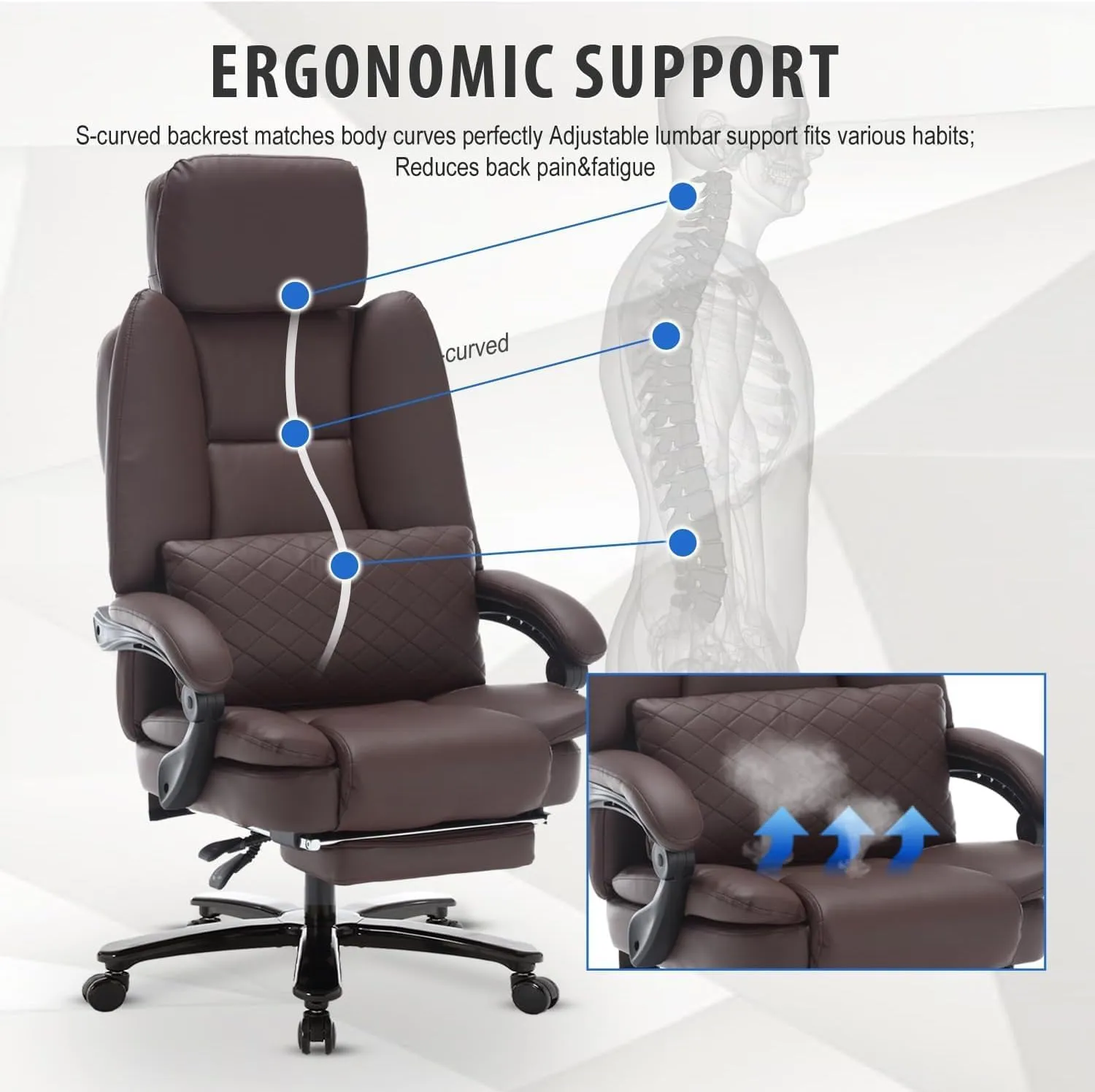500lbs Big and Tall Reclining Office Desk Chair, Oversized Heavy Duty Executive Chairs with Lumbar Support, PU Leather Recliner Chairs with Footrest, High Back Ergonomic Home Office Desk Chair, Brown