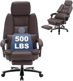 500lbs Big and Tall Reclining Office Desk Chair, Oversized Heavy Duty Executive Chairs with Lumbar Support, PU Leather Recliner Chairs with Footrest, High Back Ergonomic Home Office Desk Chair, Brown