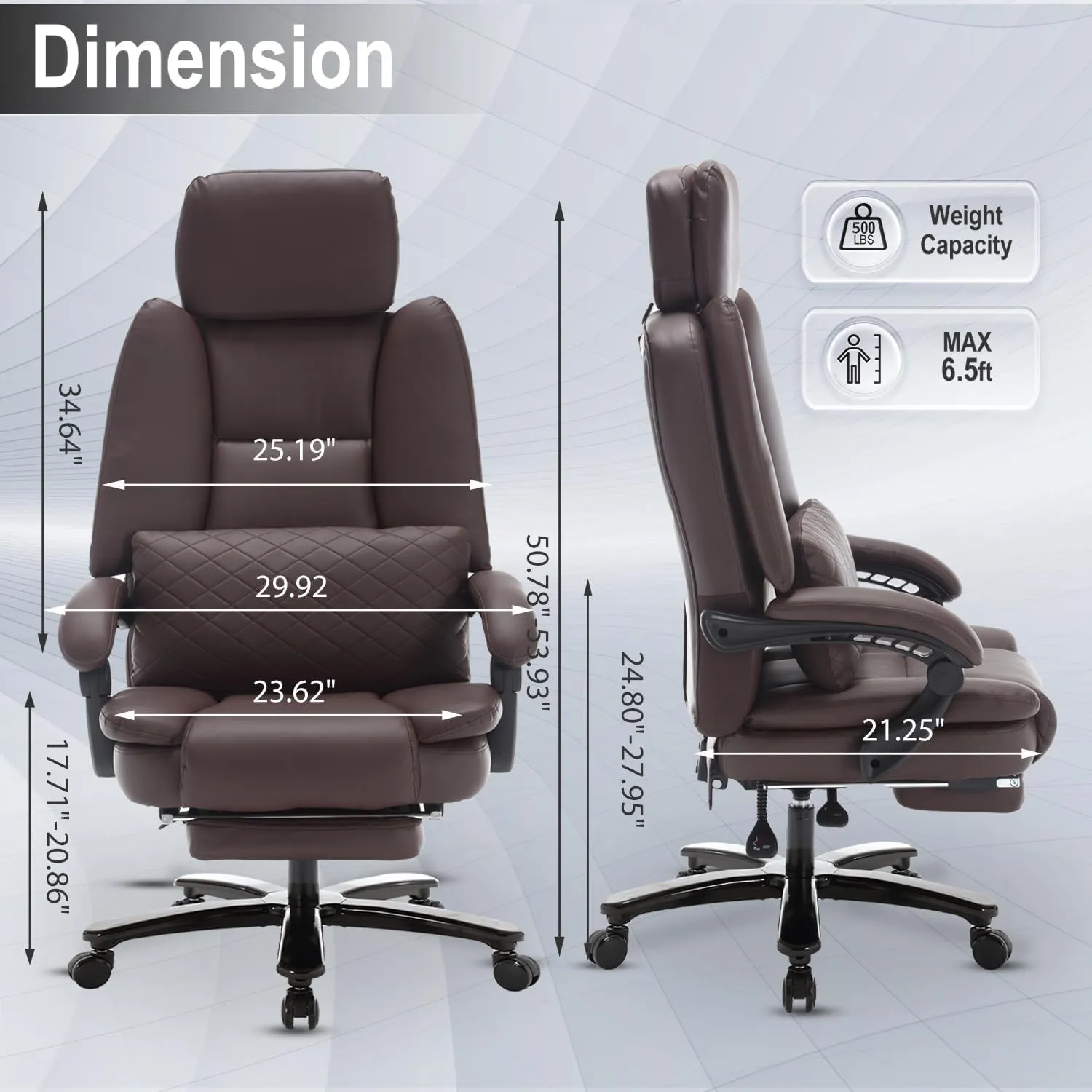 500lbs Big and Tall Reclining Office Desk Chair, Oversized Heavy Duty Executive Chairs with Lumbar Support, PU Leather Recliner Chairs with Footrest, High Back Ergonomic Home Office Desk Chair, Brown