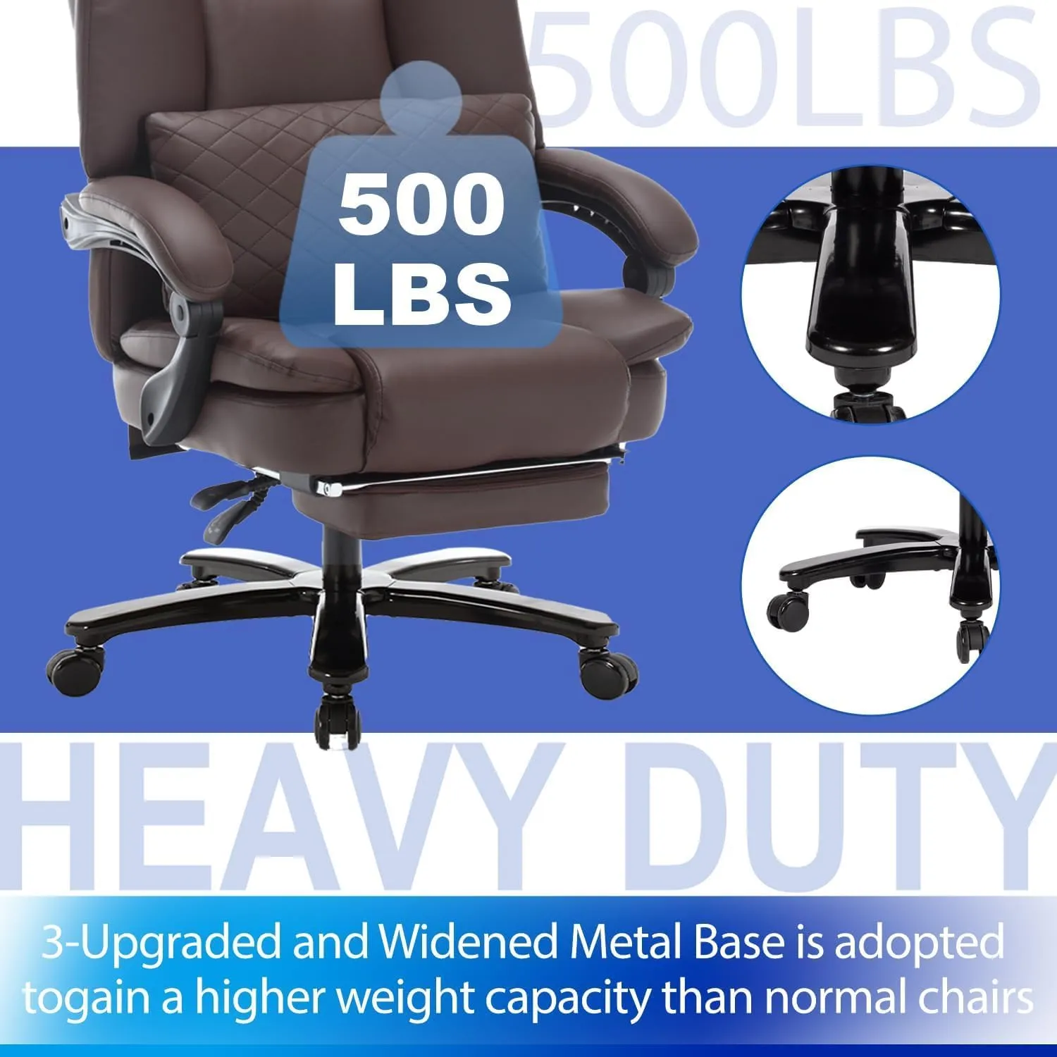 500lbs Big and Tall Reclining Office Desk Chair, Oversized Heavy Duty Executive Chairs with Lumbar Support, PU Leather Recliner Chairs with Footrest, High Back Ergonomic Home Office Desk Chair, Brown