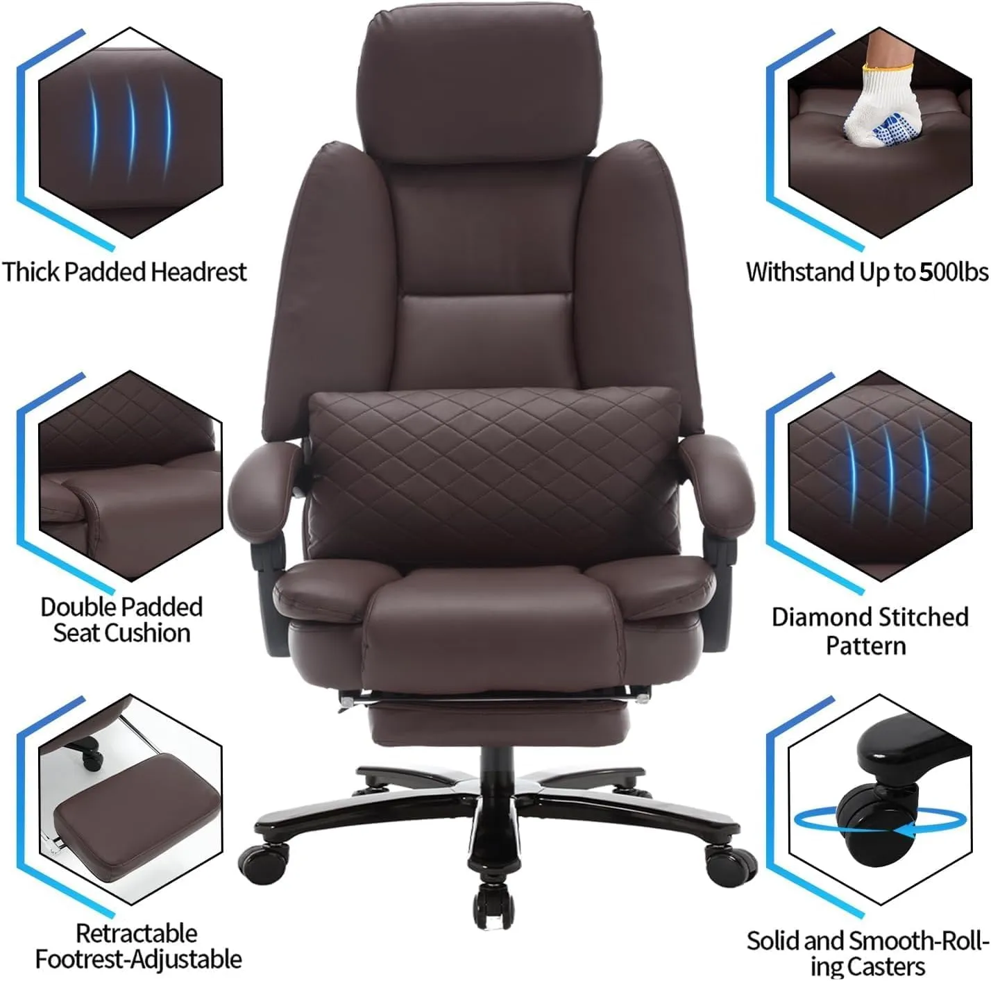 500lbs Big and Tall Reclining Office Desk Chair, Oversized Heavy Duty Executive Chairs with Lumbar Support, PU Leather Recliner Chairs with Footrest, High Back Ergonomic Home Office Desk Chair, Brown