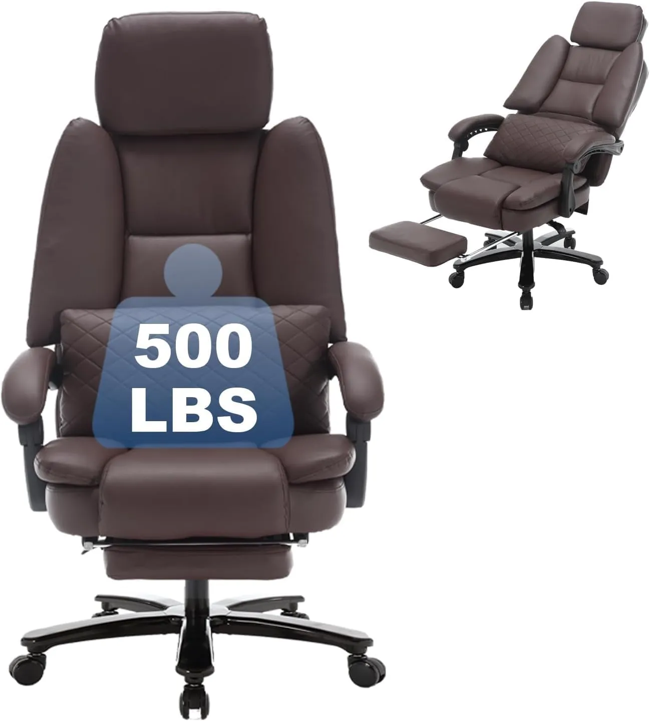 500lbs Big and Tall Reclining Office Desk Chair, Oversized Heavy Duty Executive Chairs with Lumbar Support, PU Leather Recliner Chairs with Footrest, High Back Ergonomic Home Office Desk Chair, Brown