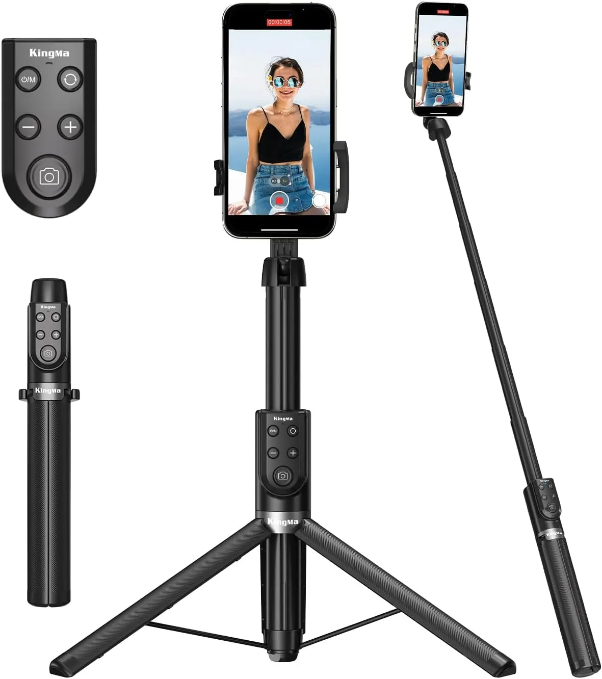 51'' Selfie Tripod for iPhone, King Ma Extendable Cell Phone Stick with W/T Remote Phone Tripod Stand for Video Recording Compatible with ISO 15 and Above Devices
