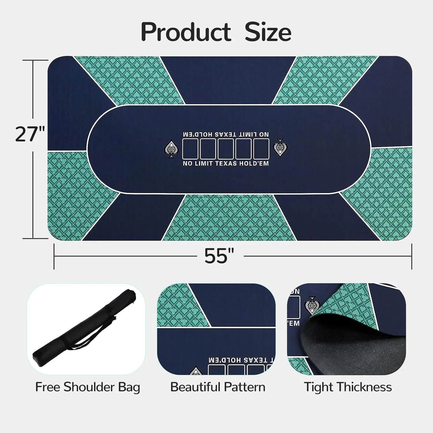 55" x 27" Waterproof Poker Table Mat, Super Soft Texas Hold'em Poker Mat with Smooth Premium Surface,Portable Zipper Handbag for Parties, Home Entertainment, Blackjack/Casino Game Night