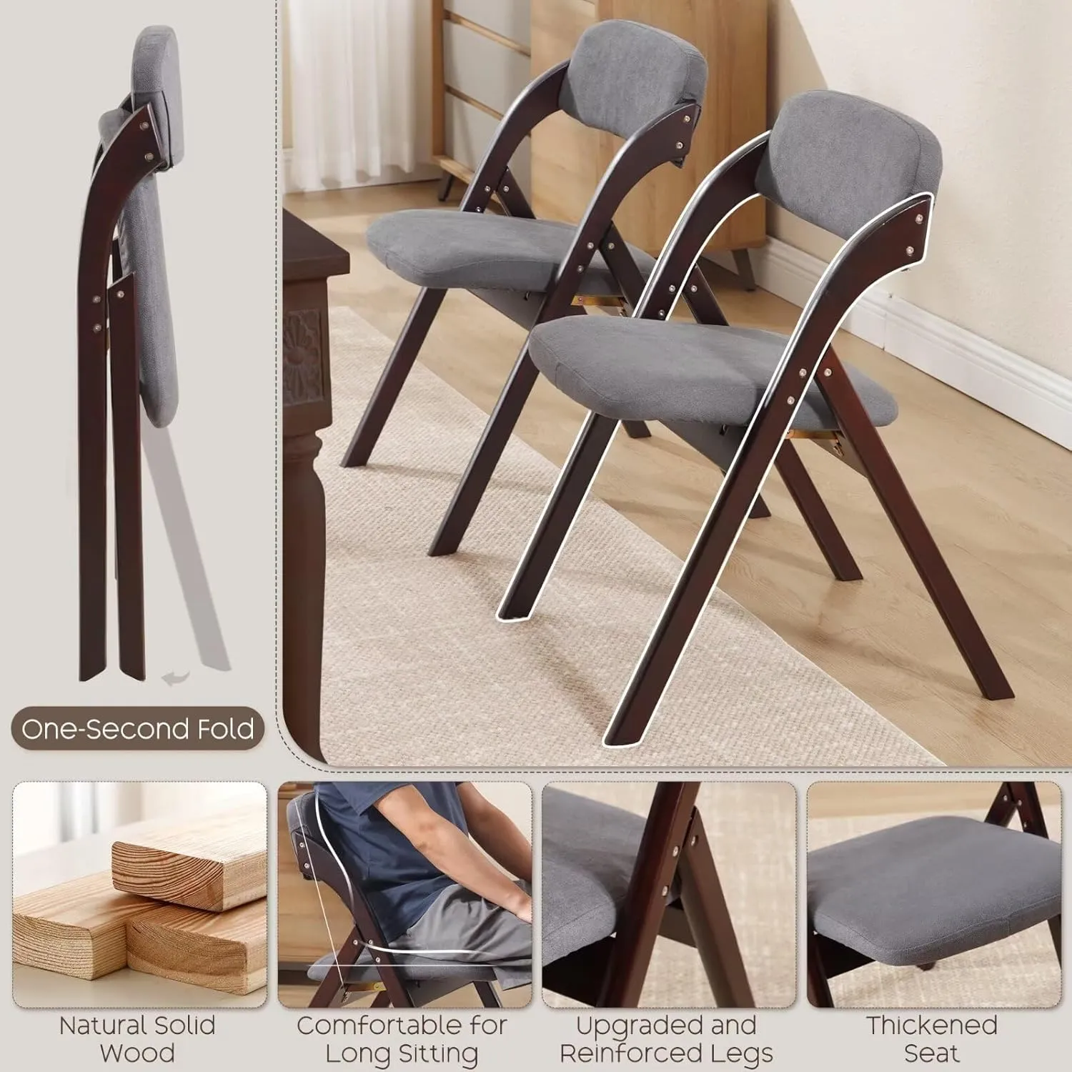6-Pack Folding Chairs with Cushion Linen Padded Foldable Dining Chairs Walnut Wooden Folding Chairs for Dining Rooms Parties Offices Indoor Outdoor Dark Grey