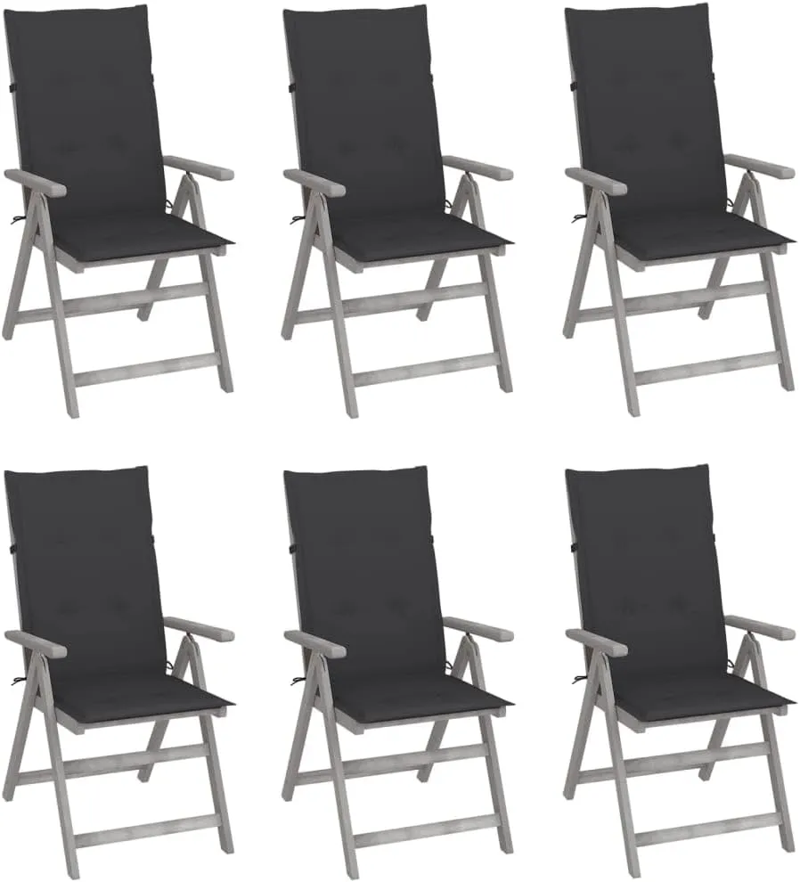 6-Piece Solid Acacia Wood Patio Reclining Chairs with Cushions - Adjustable Gray Outdoor Lounge Furniture for Garden Backyard Poolside