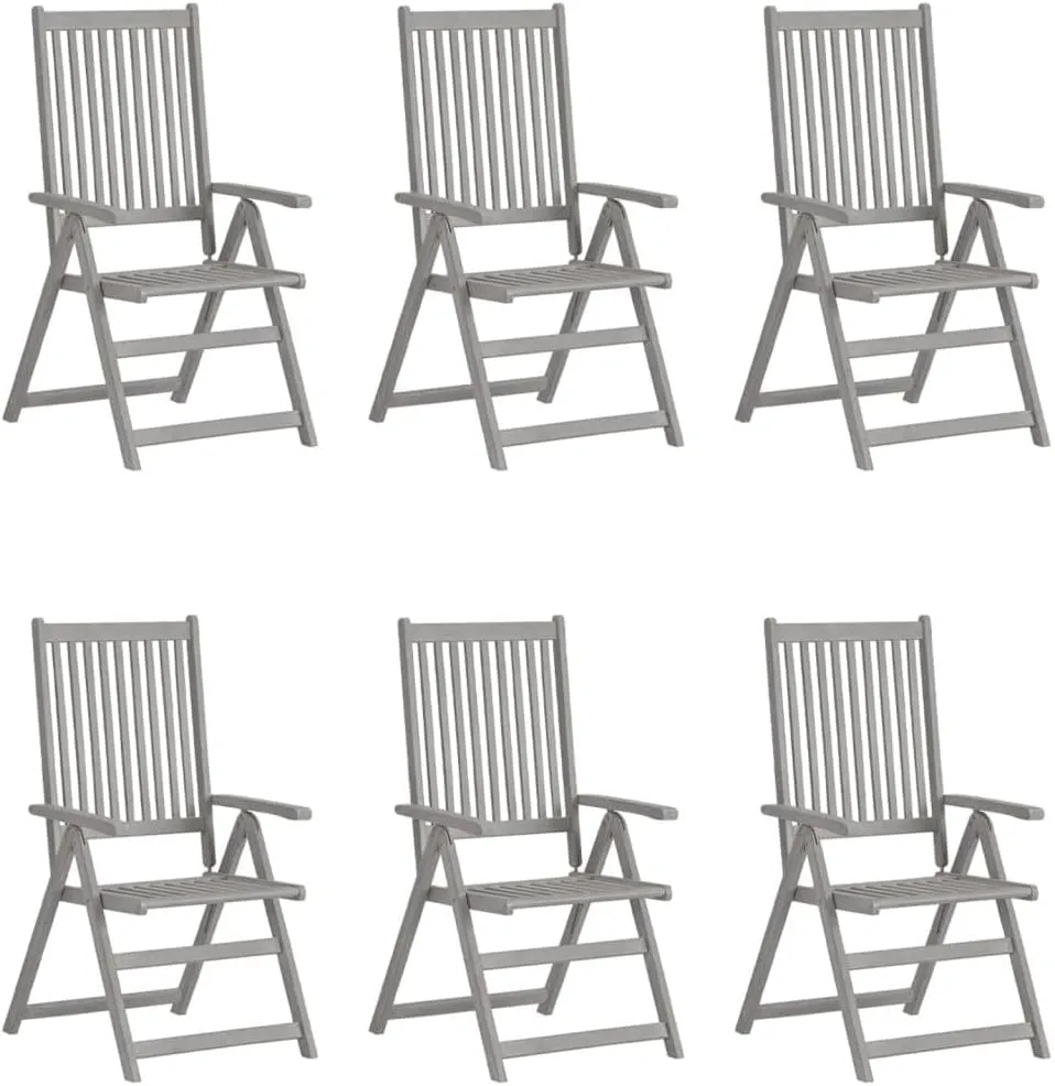 6-Piece Solid Acacia Wood Patio Reclining Chairs with Cushions - Adjustable Gray Outdoor Lounge Furniture for Garden Backyard Poolside