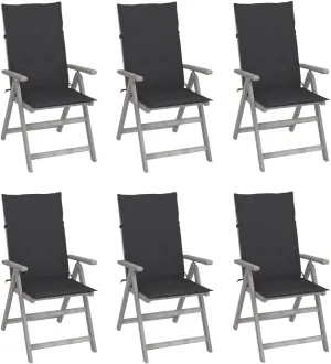 6-Piece Solid Acacia Wood Patio Reclining Chairs with Cushions - Adjustable Gray Outdoor Lounge Furniture for Garden Backyard Poolside