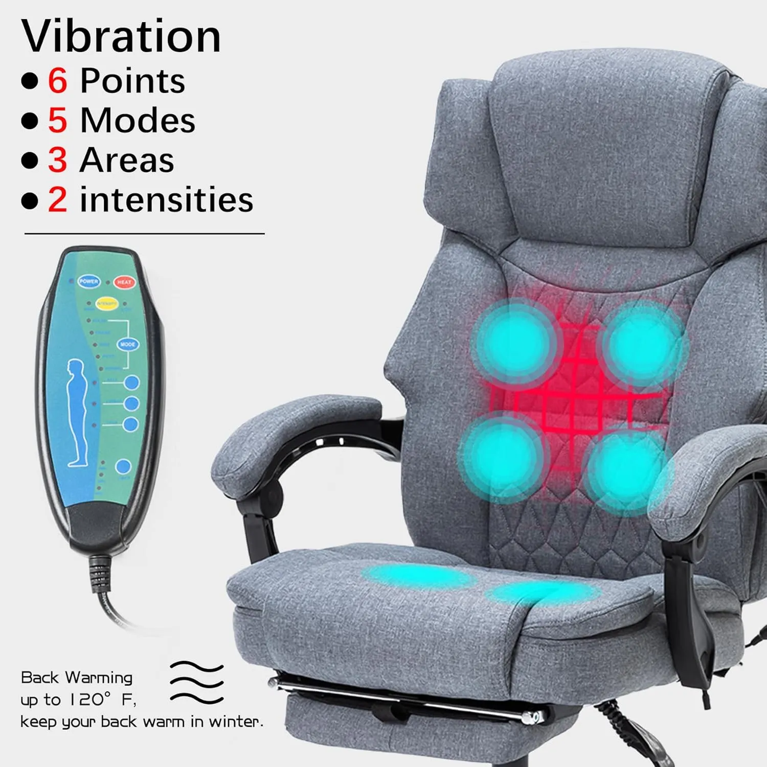6 Points Massage Office Chair with Heat,Reclining Office Chair with Foot Rest,Vibration Home Office Desk Chairs for Heavy People 400lbs,Ergonomic Managerial Executive Chairs (Grey)