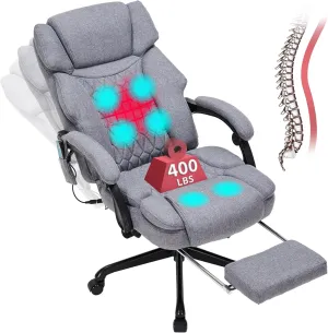 6 Points Massage Office Chair with Heat,Reclining Office Chair with Foot Rest,Vibration Home Office Desk Chairs for Heavy People 400lbs,Ergonomic Managerial Executive Chairs (Grey)