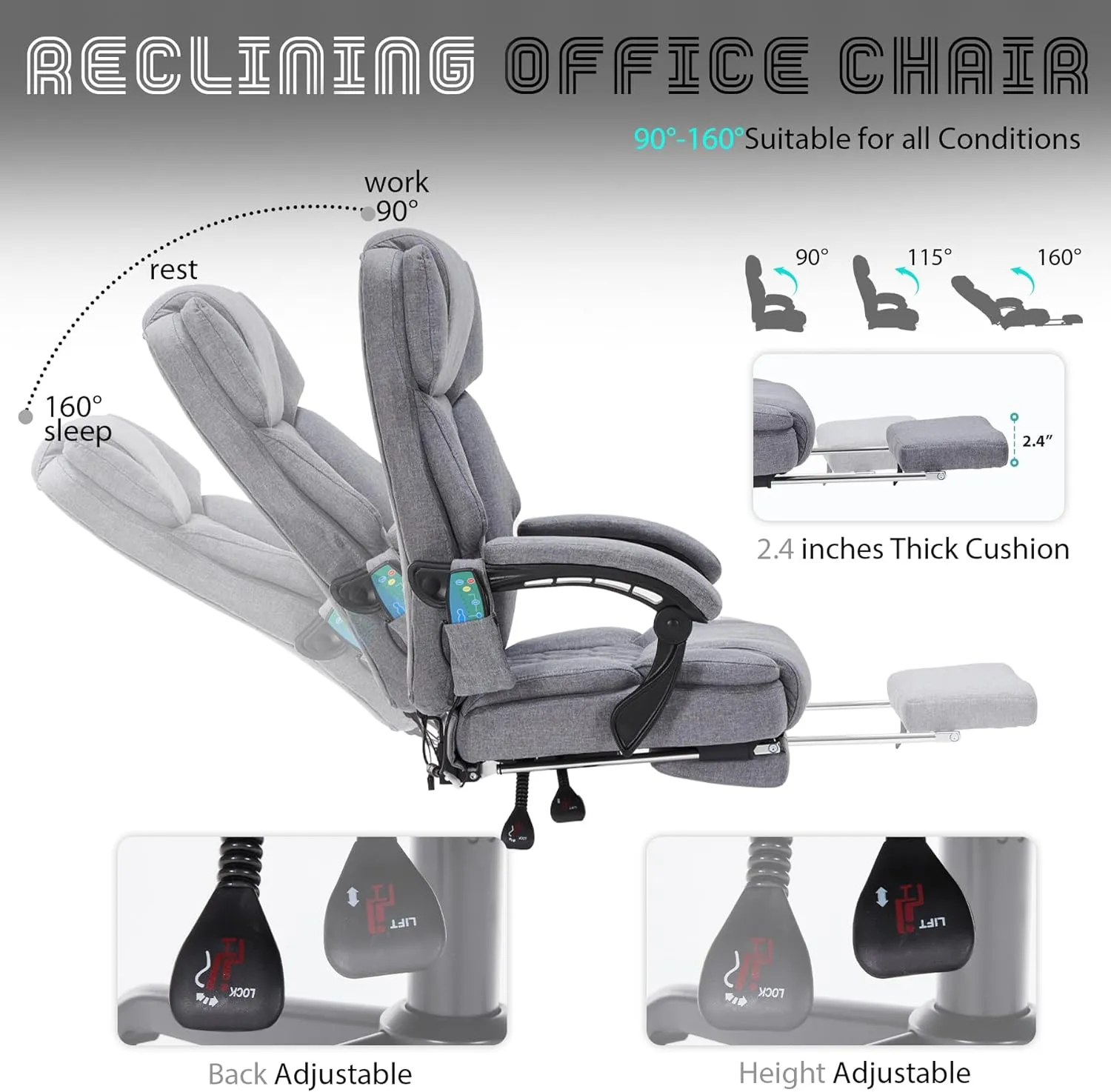 6 Points Massage Office Chair with Heat,Reclining Office Chair with Foot Rest,Vibration Home Office Desk Chairs for Heavy People 400lbs,Ergonomic Managerial Executive Chairs (Grey)