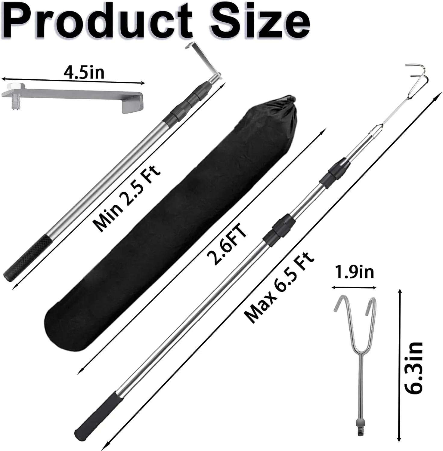 6.5Ft Truck Bed Cargo Retriever, Heavy Duty Pickup Cargo Grabber Reach Pole with Storage Bag, Telescoping Truck Bed Grabber Pole with 2-Style Hooks, Black