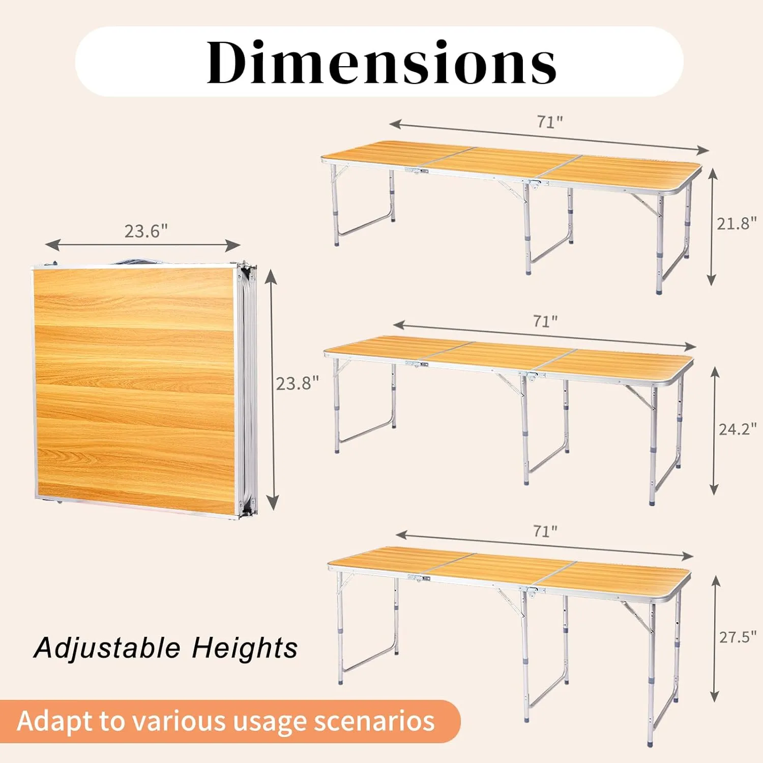 6ft Folding Camping Table, Outdoor Lightweight Foldable Table, Portable Utility Patio Tables with Carry Handle and Adjustable Legs Rectangular Picnic Tables for Tailgating Patio Wedding Party