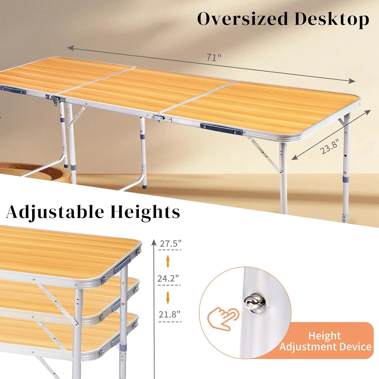 6ft Folding Camping Table, Outdoor Lightweight Foldable Table, Portable Utility Patio Tables with Carry Handle and Adjustable Legs Rectangular Picnic Tables for Tailgating Patio Wedding Party