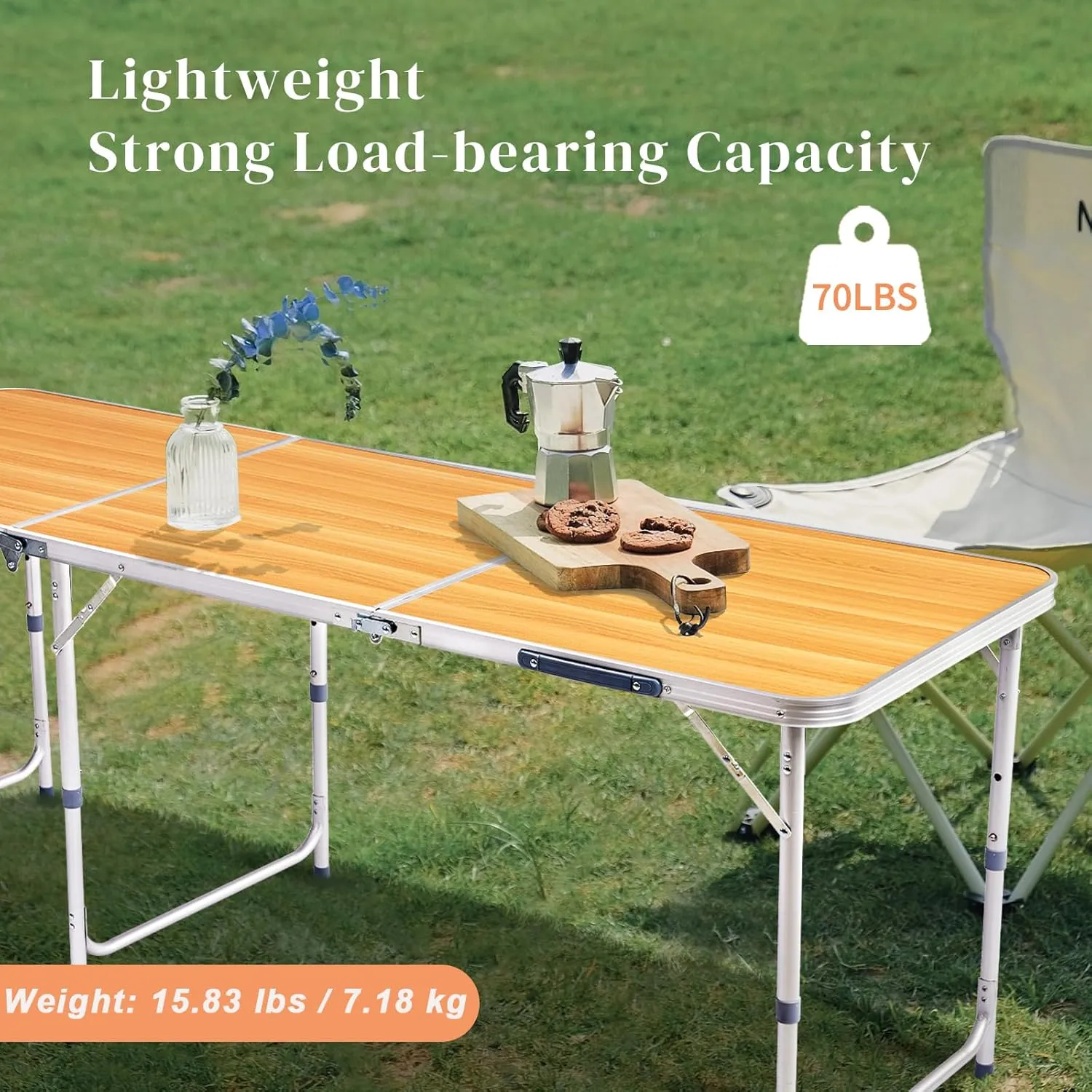 6ft Folding Camping Table, Outdoor Lightweight Foldable Table, Portable Utility Patio Tables with Carry Handle and Adjustable Legs Rectangular Picnic Tables for Tailgating Patio Wedding Party