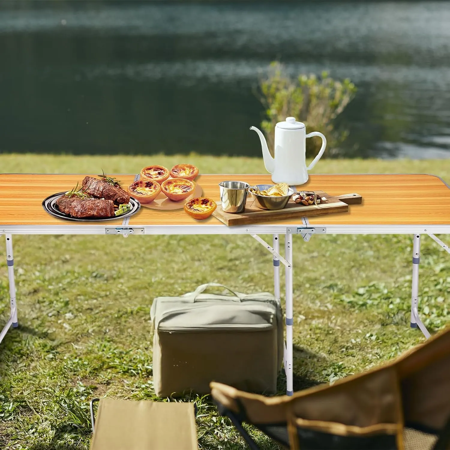 6ft Folding Camping Table, Outdoor Lightweight Foldable Table, Portable Utility Patio Tables with Carry Handle and Adjustable Legs Rectangular Picnic Tables for Tailgating Patio Wedding Party