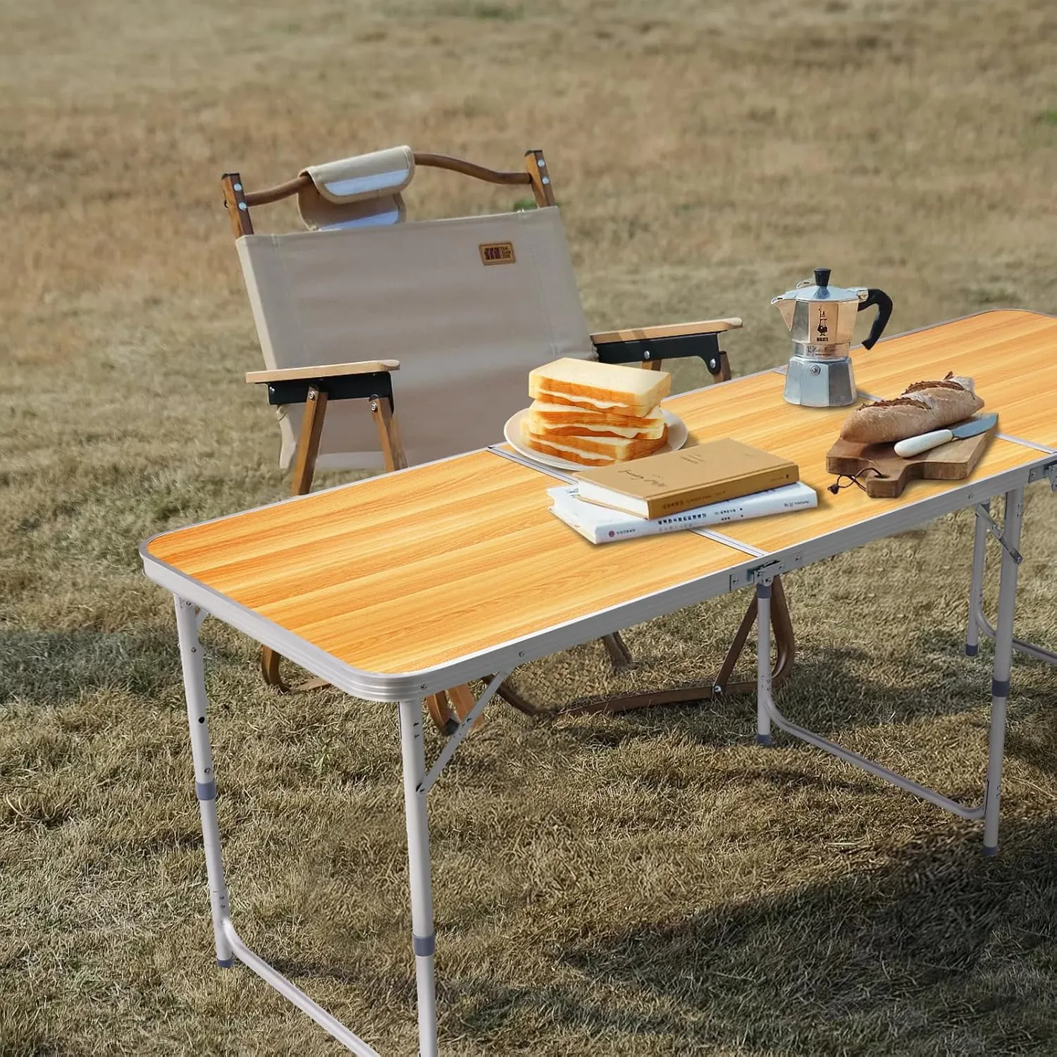 6ft Folding Camping Table, Outdoor Lightweight Foldable Table, Portable Utility Patio Tables with Carry Handle and Adjustable Legs Rectangular Picnic Tables for Tailgating Patio Wedding Party