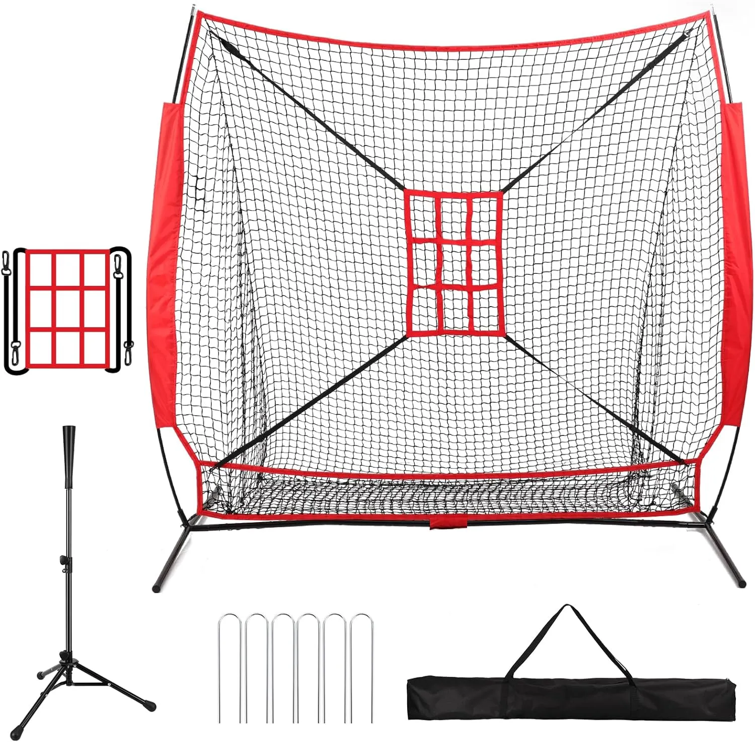 7x7 ft Baseball Net with Large Ball Collection System, Hitting Net with Carry Bag, Batting Tee, Nine-Grid Target and U-Shaped Ground Nail