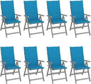 8-Piece Gray Acacia Wood Patio Reclining Chairs with Blue Cushions, Outdoor Furniture Set with 5-Position Adjustable Backrest for Poolside Lounging and Garden Relaxation