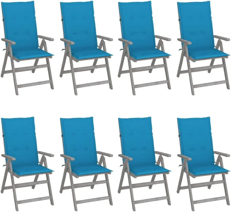 8-Piece Gray Acacia Wood Patio Reclining Chairs with Blue Cushions, Outdoor Furniture Set with 5-Position Adjustable Backrest for Poolside Lounging and Garden Relaxation