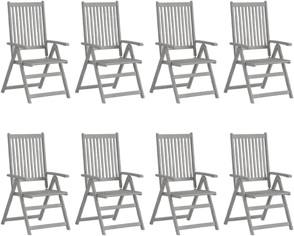 8-Piece Gray Acacia Wood Patio Reclining Chairs with Blue Cushions, Outdoor Furniture Set with 5-Position Adjustable Backrest for Poolside Lounging and Garden Relaxation