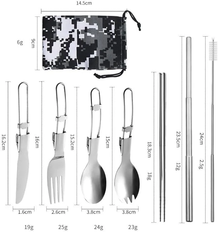 8-piece Stainless Steel Folding Tableware Hiking Portable Utensil Set With Cloth Bag(A8PCS-18CM)