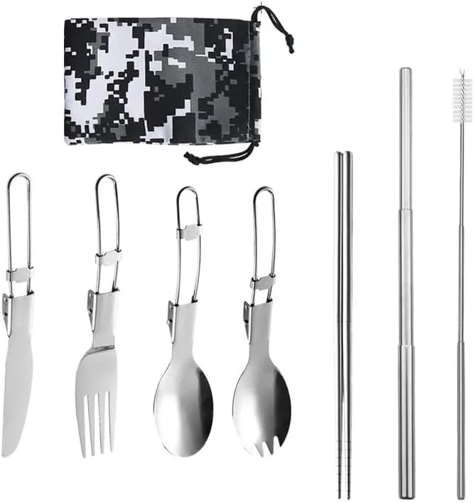 8-piece Stainless Steel Folding Tableware Hiking Portable Utensil Set With Cloth Bag(A8PCS-18CM)