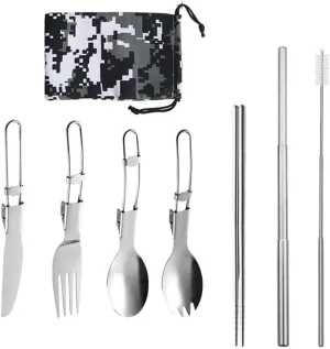 8-piece Stainless Steel Folding Tableware Hiking Portable Utensil Set With Cloth Bag(A8PCS-18CM)