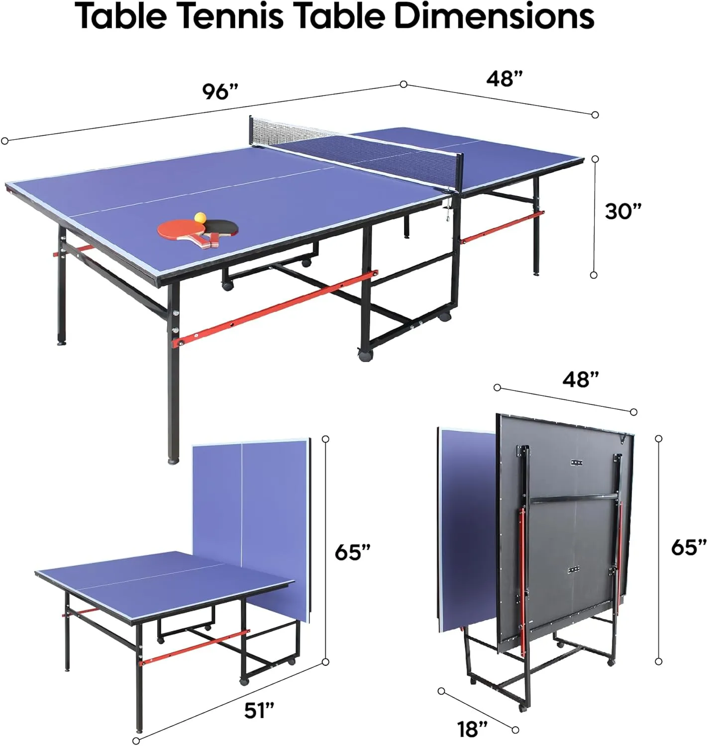 8FT/9ft Mid-Size Ping Pong Table Foldable, Outdoor Table Tennis Table Portable Ping Pong Table Set for Backyard Garden Indoor Games with Net, 2 Table Tennis Paddles and 3 Balls
