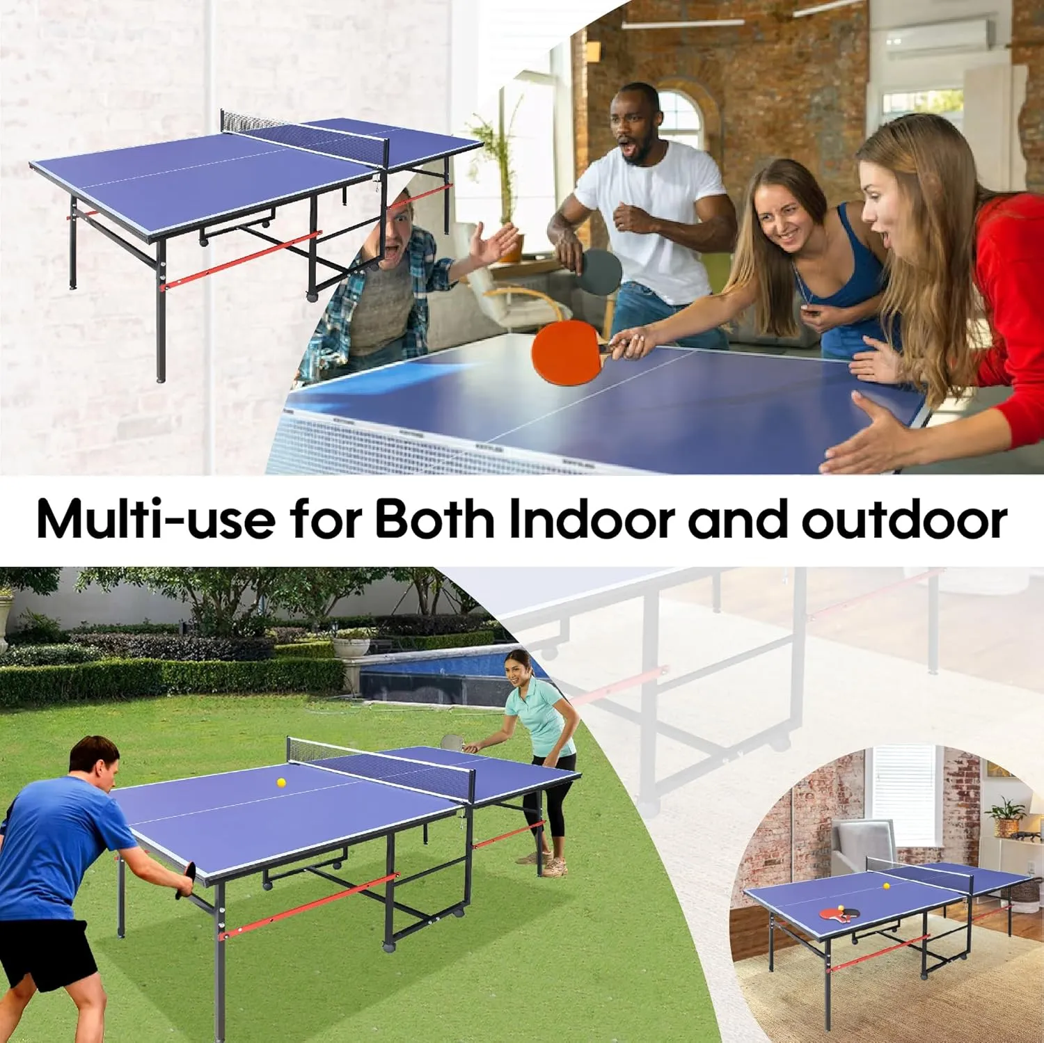 8FT/9ft Mid-Size Ping Pong Table Foldable, Outdoor Table Tennis Table Portable Ping Pong Table Set for Backyard Garden Indoor Games with Net, 2 Table Tennis Paddles and 3 Balls