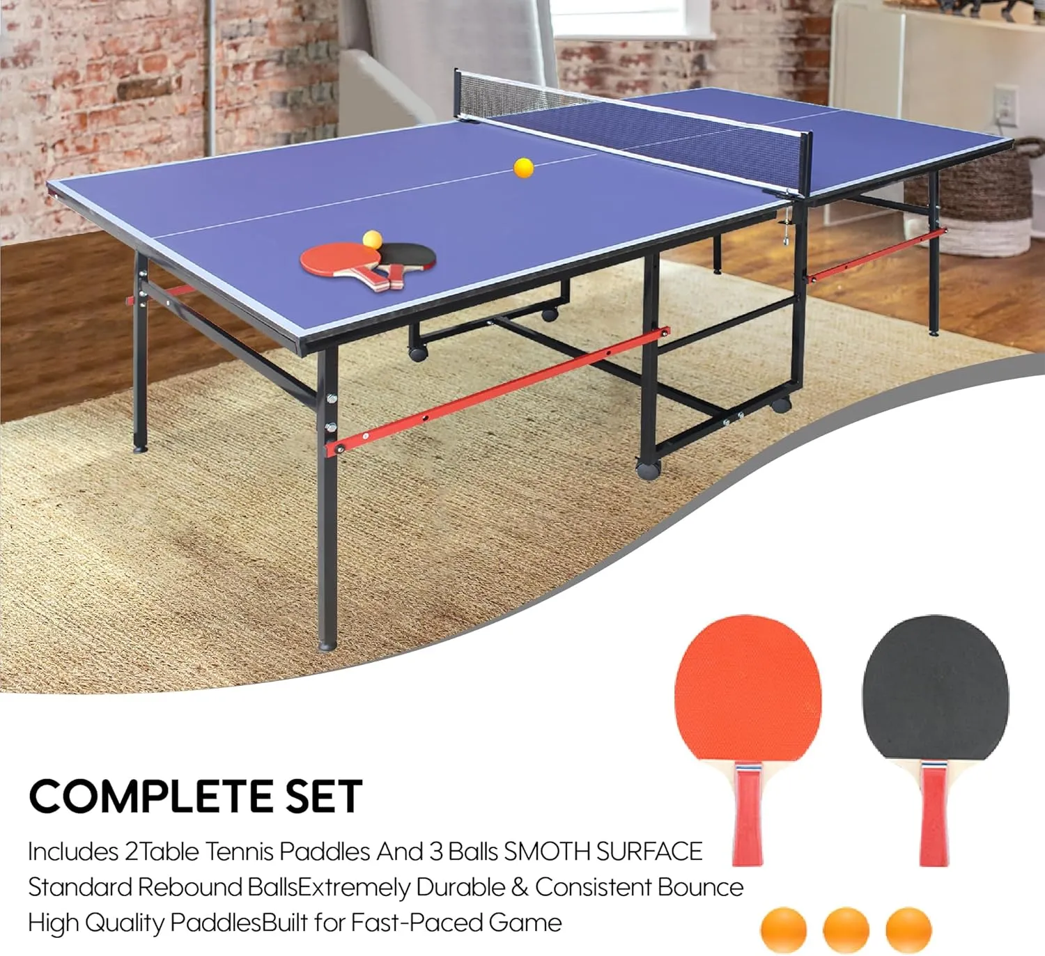 8FT/9ft Mid-Size Ping Pong Table Foldable, Outdoor Table Tennis Table Portable Ping Pong Table Set for Backyard Garden Indoor Games with Net, 2 Table Tennis Paddles and 3 Balls