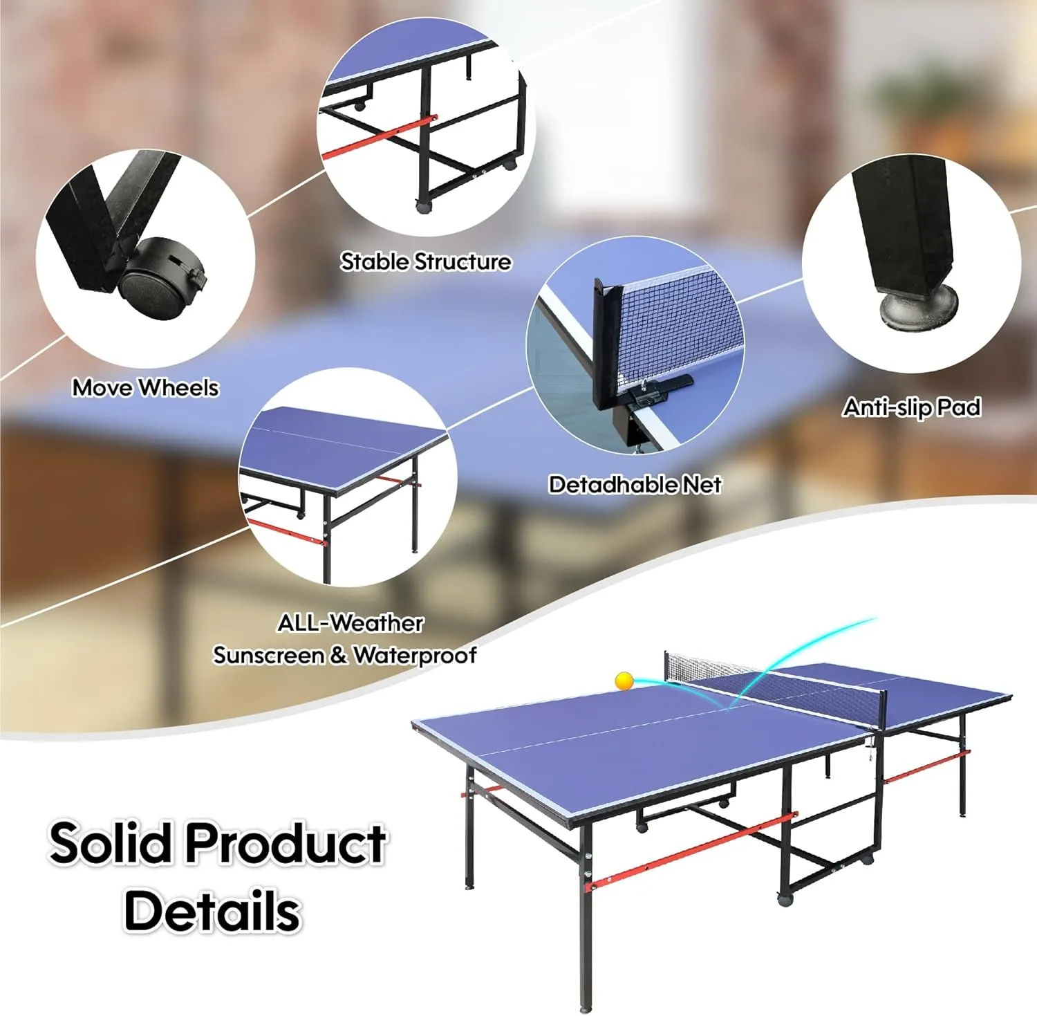 8FT/9ft Mid-Size Ping Pong Table Foldable, Outdoor Table Tennis Table Portable Ping Pong Table Set for Backyard Garden Indoor Games with Net, 2 Table Tennis Paddles and 3 Balls