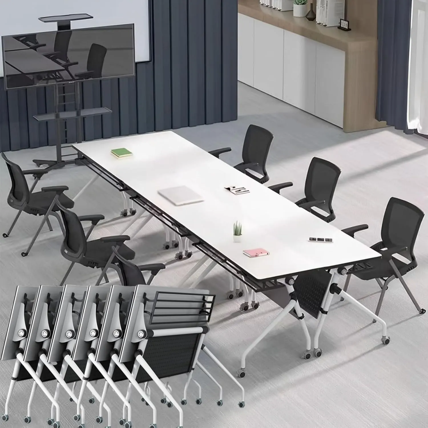 8pcs Modern White Office Conference Table,70.8Lx21.6Wx29.5H Inches Large Rectangle Meeting Table for 8-16 People,Folding Conferece Room Tables,Mobile Training Table Durable Seminar Boardroom Tables