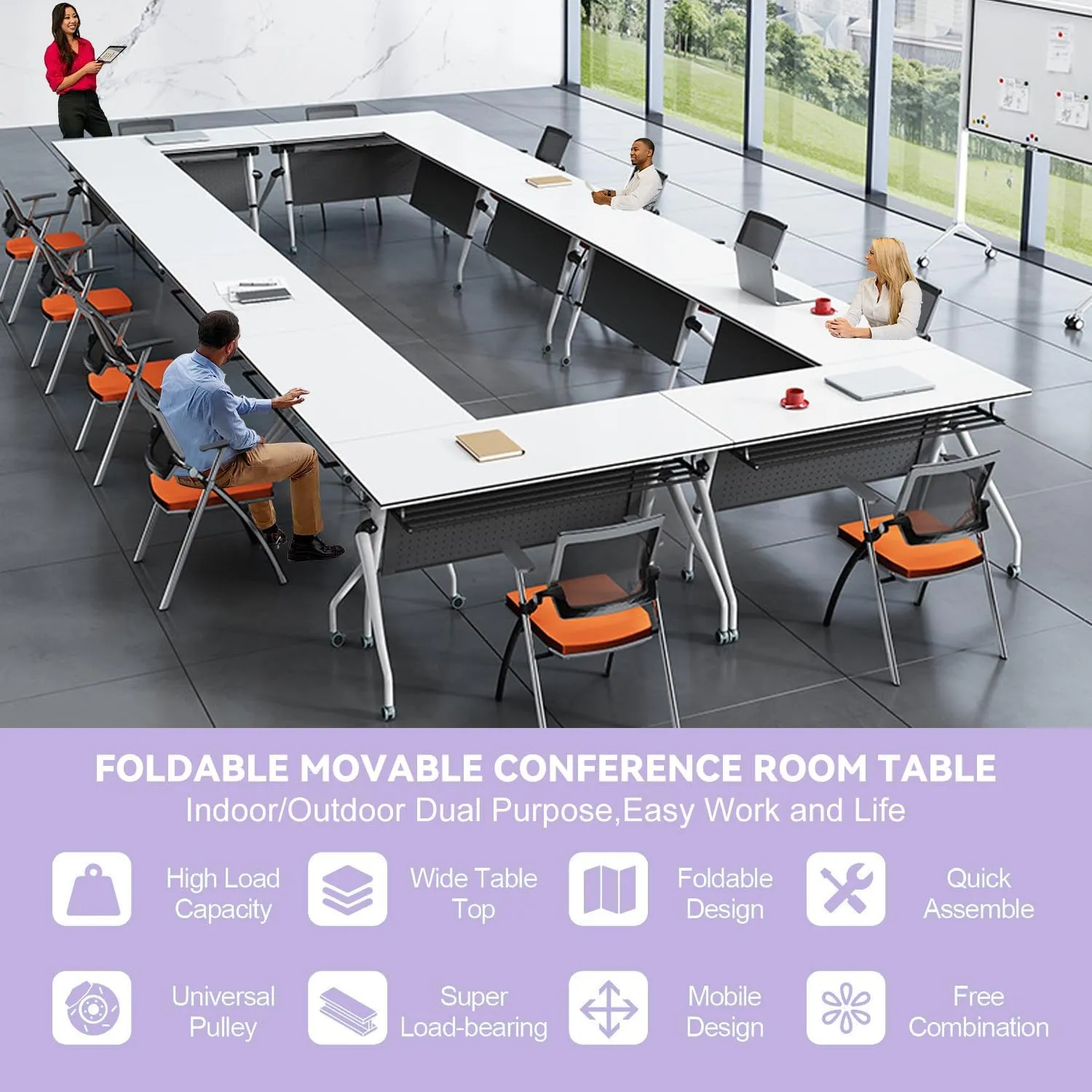 8pcs Modern White Office Conference Table,70.8Lx21.6Wx29.5H Inches Large Rectangle Meeting Table for 8-16 People,Folding Conferece Room Tables,Mobile Training Table Durable Seminar Boardroom Tables