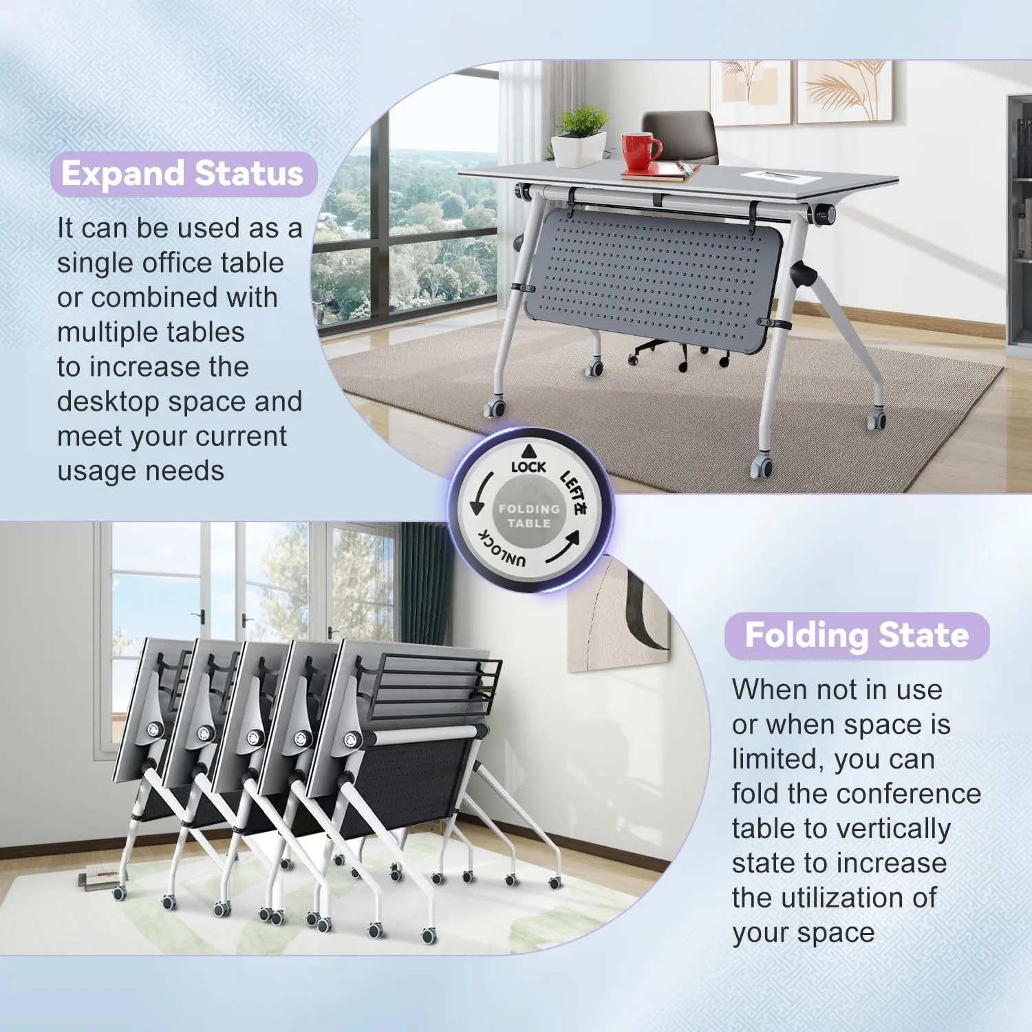 8pcs Modern White Office Conference Table,70.8Lx21.6Wx29.5H Inches Large Rectangle Meeting Table for 8-16 People,Folding Conferece Room Tables,Mobile Training Table Durable Seminar Boardroom Tables